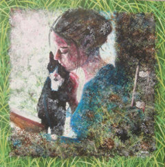 Girl and cat. 50x50cm, acrylic-paint on fabric, 2012. Ill: Private 