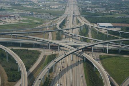Katy Freeway with its spaghetti junctions looks like a raceway for kids, but it’s serious business. (Photo: Wikimapia)